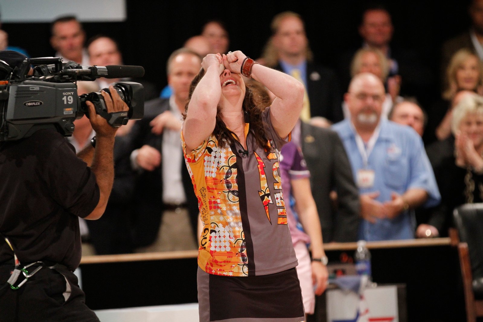Diandra Asbaty overcome with emotion as the TV camera turns to her after winning the 2012 USBC Queens